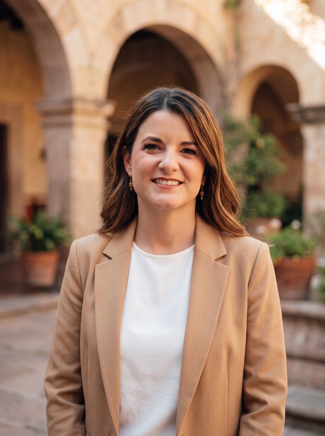 Daniela Jasso con saco color camello en un patio con arcos de cantera.