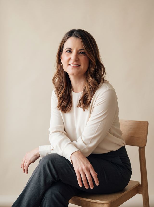 Daniela Jasso sentada en una silla de madera, con blusa clara, sonriendo.